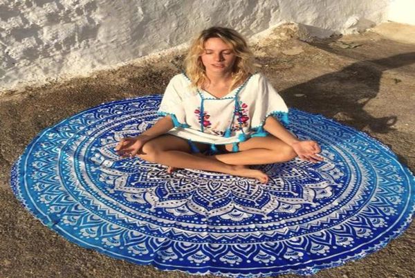 160 cm großes rundes Strandtuch, blaue Lotusblume, Badetuch, blaue Pfingstrose, Serviette, indisches Mandala, Wandteppich, Wandbehang, Thro9134947