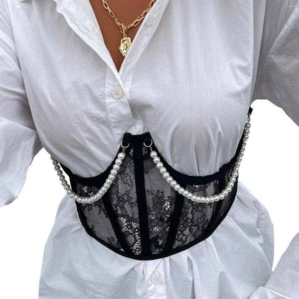 Gürtel Damen Taillentrainer Korsett Spitze Perlenketten Cincher Shaper Tops mit Bruststütze für Mädchen Schwarz