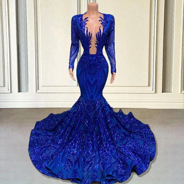 Abiti da festa Royal Blue Paillettes Prom per ragazze nere 2024 Sirena maniche lunghe Sexy abito da sera formale africano di gala da sposa