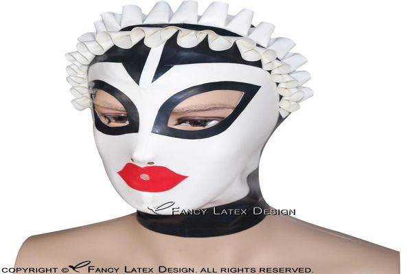 Schwarze sexy französische Dienstmädchen-Latexhaube mit Reißverschluss hinten, offene Augen, kleiner Mund, Nasenloch, Rüschen, Gummimaske 00892568928