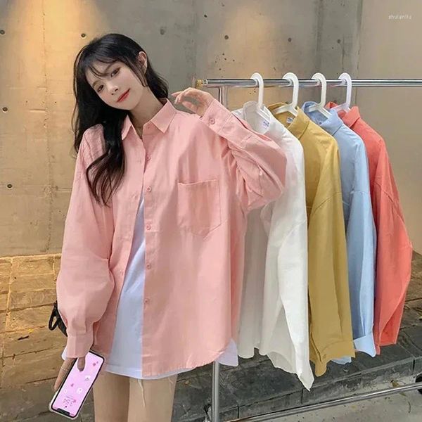 Blusas femininas rosa branco amarelo blusa feminina 2024 outono all-match solto bolso manga longa camisas senhoras streetwear casual camisa baggy