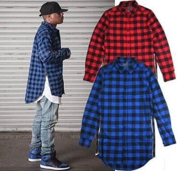 Camicia intera rossa blu scozzese scozzese a maniche lunghe in flanella Camicia da uomo Bboy da ballo Cerniera laterale dorata Oversize Plaid allunga Shi8922910