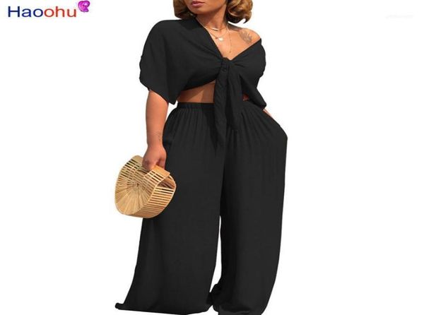 HAOOHU Plus Größe Sexy Zwei Stück Set Frauen Outfits Fliege TopsBreite Bein Hosen Anzüge Casual Kleidung einfarbig Passenden sets119159953