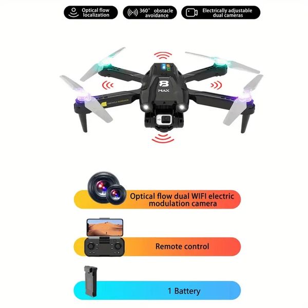 YT163 Drohne mit HD Dual Electric Adjustment Kamera, bunter Atemlampe, optischem Fluss, 360° Hindernisvermeidung RC Flugzeug UAV Spielzeug Geschenk für Kinder und Erwachsene