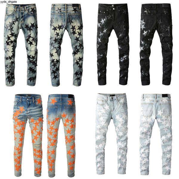 Jeans viola Designer svasato impilato Pantaloni lunghi da uomo di alta qualità Pantaloni streetwear lavati vecchio buco lungo 28-40 Denim regolare dritto ERML