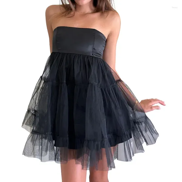 Abiti casual WPNAKS Donna Tulle Tutu Tube Dress Festa da sera Abiti estivi Tinta unita Senza spalline Aperto sul retro Mini A-Line Club sexy