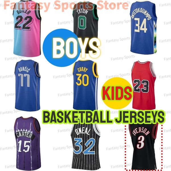 Crianças Luka Doncic Basquete Jersey Morant IVERSON Harden Curry Oneal Carter Bird Costurado 77 33 24 6 23 15 Juventude Meninos Basquete Retro Jerseys