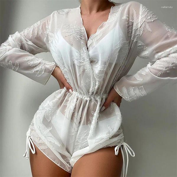 Costumi da bagno da donna Sexy bikini in chiffon ricamato bianco Copricostume da donna Manica lunga con scollo a V Tunicas Femininas 2024 Vedere attraverso la spiaggia con coulisse