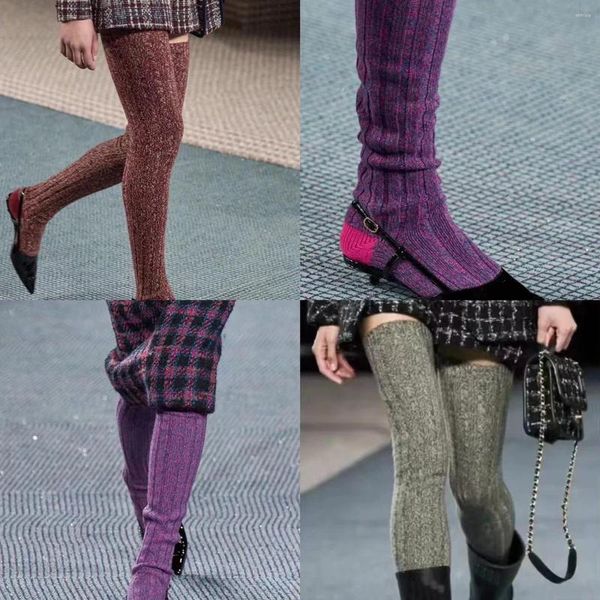 Meias femininas 2024 listrado coxa alta meias sobre o joelho longo quente malha bota perna mais quente tubo leggings
