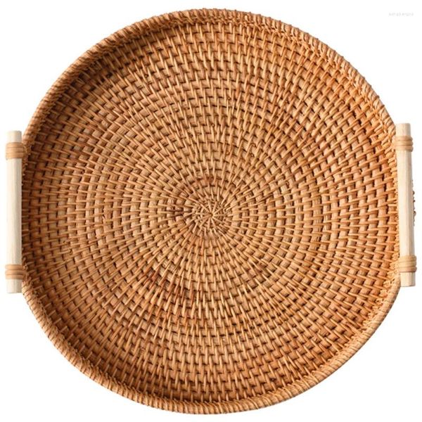 Set di stoviglie Vassoio rotondo in rattan Decorazioni da tavola con manici Vassoi da caffè da bagno per pane in cestino di vimini