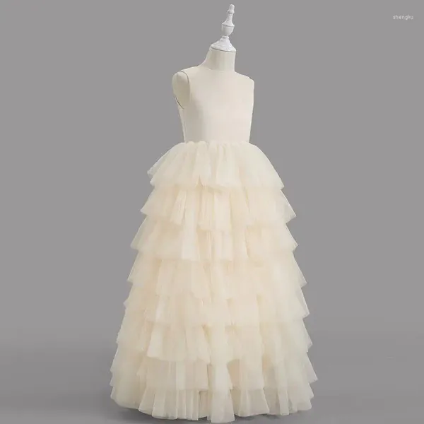 Vestidos de menina champanhe flor longa para casamento vestido de princesa concurso laço malha fantasia festa mariage baile