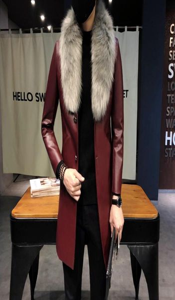 2018 homens longos casacos de couro preto longo casaco masculino borgonha erkek palto gola de pele ouro casacos masculinos fino fit1641306