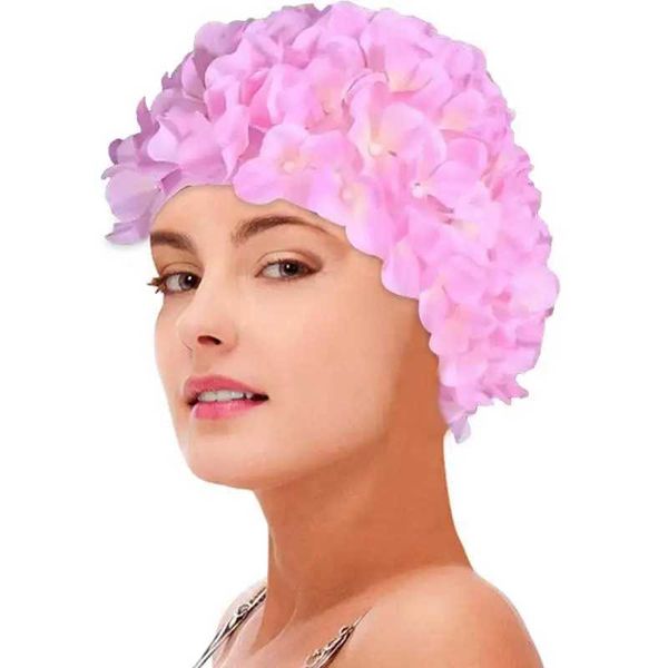 Шапочки для плавания 3D Цветочный женский Эластичный Лепесток Ретро шапочка для плавания Летняя мода Женская цветочная винтажная пляжная шапочка для купания YQ240119