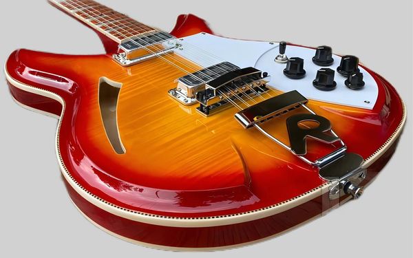 Chitarra elettrica 381, 12 corde in ciliegio Sunrise, parte superiore e fondo del corpo in acero fiammato, cordiera a forma di R, chitarra di qualità