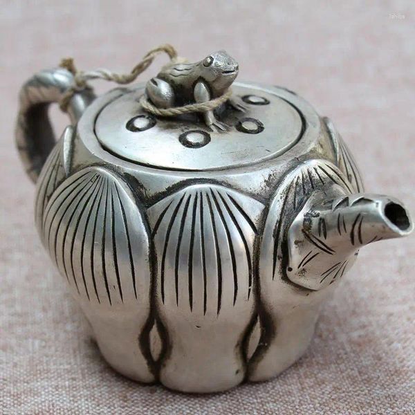 Şişeler Eski Çin Beyaz Pirinç Oyma Lotus Kurbağa Şarap Tenceresi Teapot Heykeli