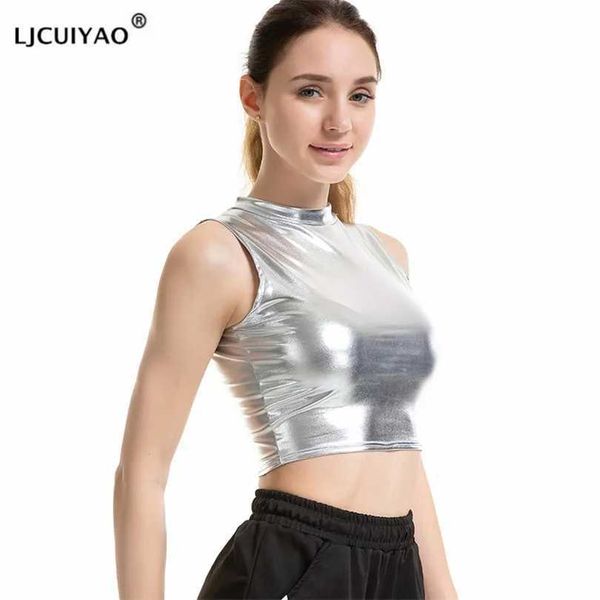 Blusas femininas Camisas LJCUIYAO Mulheres Crop Top Material Brilhante Couro Sem Mangas Colete Esportes Regatas Ouro Prata Brilhando Colorido Verde Vermelho Roupas YQ240120