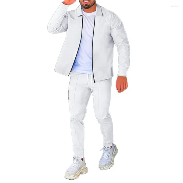 Erkeklerin Trailtsuits Erkekler Lapel Hırka Pantolon Dış Mekan Sıradan Zipup Uzun Kollu Üst Pantolon Beyaz Set Beyaz Bahar Sonbahar Kış için Uygun