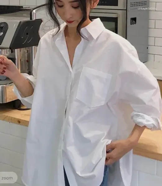 Женские блузки 2024, весенне-осенние женские рубашки, белые однотонные свободные женские топы большого размера BF, блузки в корейском стиле с карманами