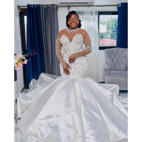 Impressionante noiva 2024 branco moda feminina africana sereia vestidos de casamento para noiva miçangas lantejoulas mangas compridas vestidos de noiva feitos sob encomenda