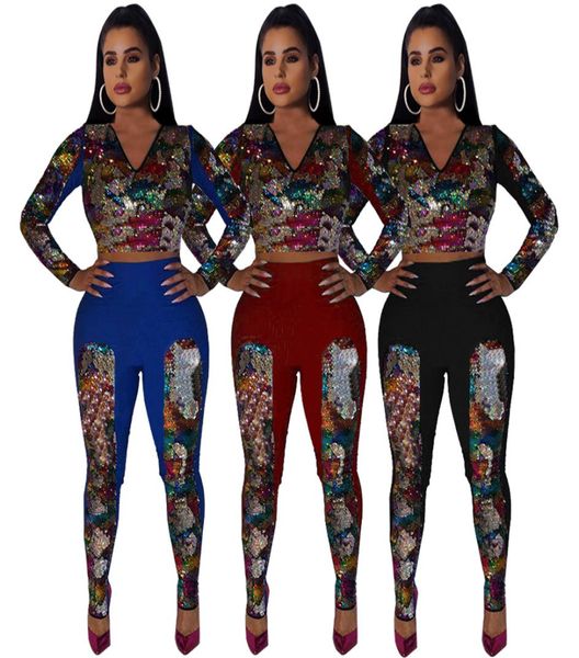 Feminino multi lantejoulas fatos de treino bling v pescoço manga longa pulôver colheita superior cintura alta longa magro calça clube festa 2 peça conjunto ou6707836