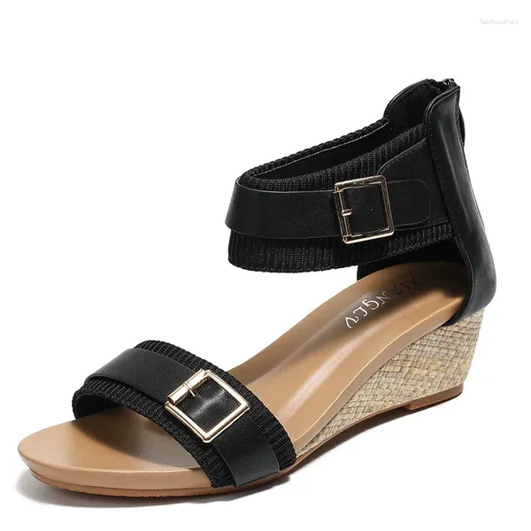 Sandálias cunhas senhora vestido chinelos romanos salto alto botas pu moda capa saltos calçados casuais sapato único verão bm107