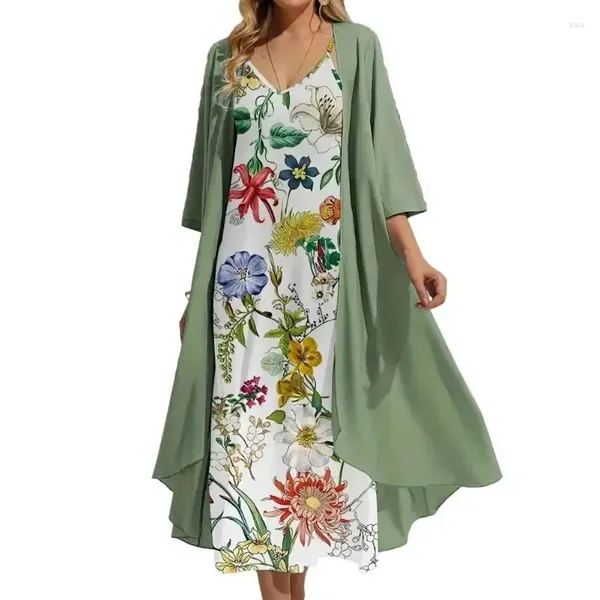 Vestidos casuais 2024 mulheres chiffon duas peças verão cardigan e vestido ano de idade meia-idade roupa idosa