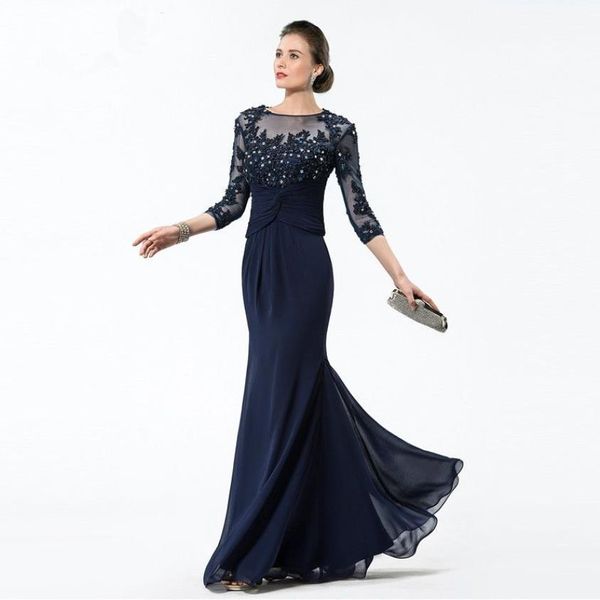 Abiti lunghi per la madre della sposa blu navy 2019 Applicazioni in chiffon con perline Corpetto trasparente 3/4 maniche Abiti da sera per la mamma233j