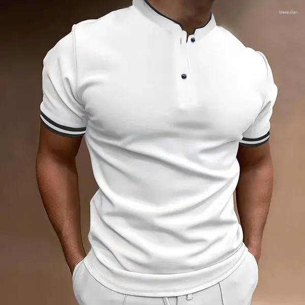 Herren Polos Sommer Mode Lässig Stehkragen Knöpfe Polo-Ausschnitt T-Shirt Männlich Allgleiches Patchwork Pullover Top Hombre Kontrastfarbe T-Shirt