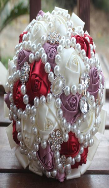 Elfenbein, Weinrot, Lila, Hochzeit, Brautsträuße, Hochzeitszubehör, künstliche Blumen, Perlen, Strasssteine, süße 15 Quinceanera-Sträuße 1859172