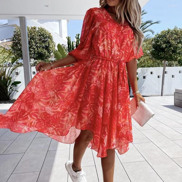 Lässige Kleider Rotes Blumenkleid Sommerkleidung für Frauen Asymmetrischer Druck Knopf Schärpen Midi A-Linie Damen Boho Strand Vestidos