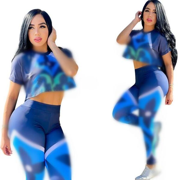 Verão feminino novo tracksuits designer 2 peças conjuntos carta impressão manga curta azul camiseta + calça sexy colheita topos e calças legging casuais