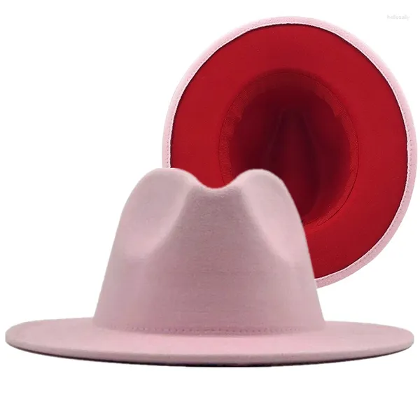 Berets unissex rosa interior vermelho menina lã feltro jazz fedora chapéus com fivela de cinto fino homens mulheres 7.5cm aba larga panamá trilby boné 57-60cm