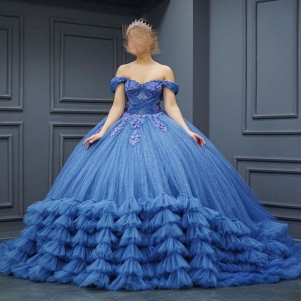 Luxo azul brilhante quinceanera vestido 2024 vestido de baile princesa capela trem flor apliques tull em camadas doce 15 16 vestido de festa de aniversário gala