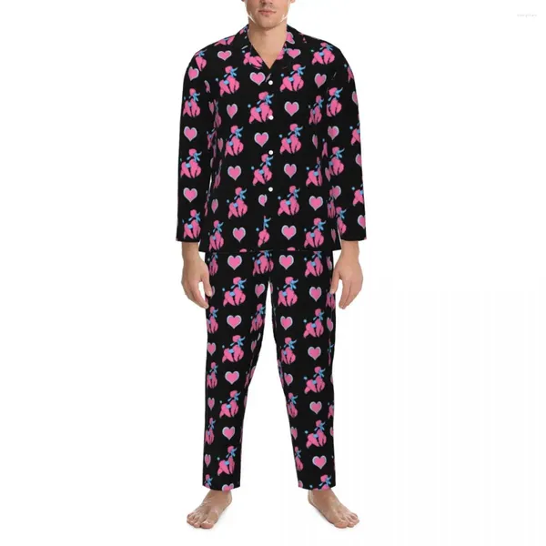 Indumenti da notte da uomo Pigiama barboncino rosa e blu Stampa di cuori da uomo Carino per il tempo libero Autunno 2 pezzi Set pigiama grafico oversize casual