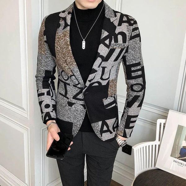 Abiti da uomo Big Letter Print WoolBlend Tweed Blazer Uomo 2024 Autunno Inverno Art Jacket Slim Fit Party Prom Club Modello Homme