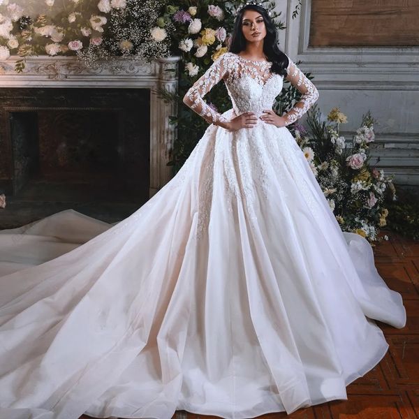 Stunningbride 2024 Weißes, elegantes Prinzessin-Hochzeitskleid, O-Ausschnitt, Perlenstickerei, Applikationen, volle Ärmel, Brautkleider, Sweep-Zug-Brautkleider