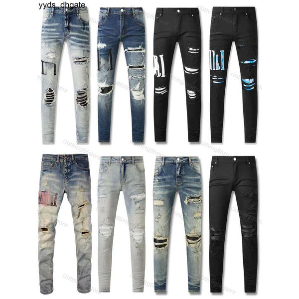 Jeans viola da uomo Designer Fashion Distressed Strappato Bikers Donna Denim cargo per uomo Pantaloni neri Buco rotto Skinny Jean YZVL