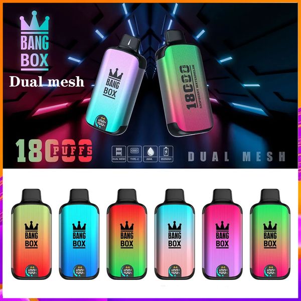 Оригинальная Bang Box 18000 затяжек Одноразовая затяжка 18k Vapes Bar 26 мл 18000 Электронная сигарета 0% 2% 3% 5% DUAL MESH Испаритель Recharge Mesh Coil Vape Pen Puff