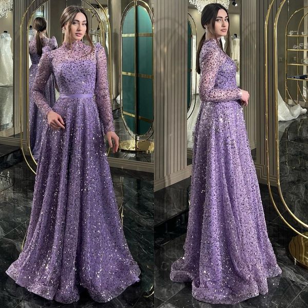 Splendidi abiti da sera firmati uva eleganti una linea collo alto maniche lunghe abito da ballo paillettes perline illusione glitter Abiti lunghi per occasioni speciali