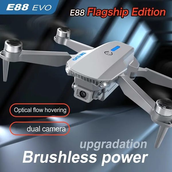 Drone con doppia fotocamera HD con telecomando E88 EVO con doppia/tre batterie, motore brushless, modalità senza testa, posizionamento del flusso ottico, monitoraggio intelligente, tracciamento del volo.