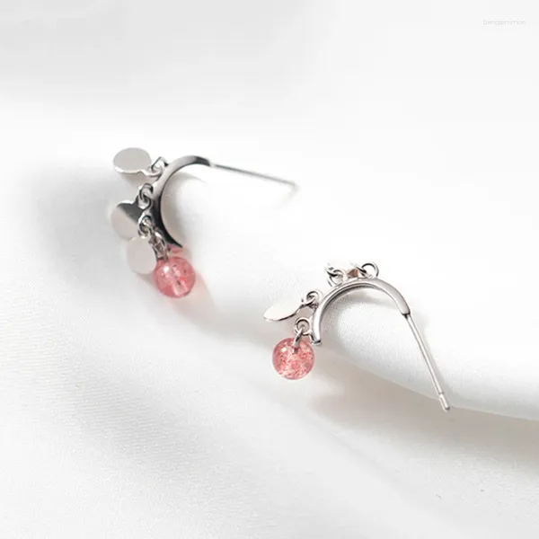 Brincos pendurados rosa morango cristal de quartzo rodadas suaves 925 prata esterlina charme joias hipoalergênicas