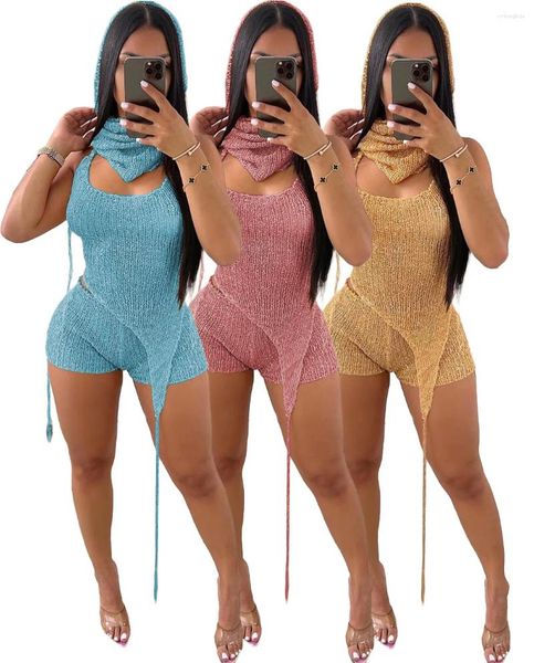 Fatos femininos lantejoulas malha 2 peça calça curta conjunto sexy oco para fora 2024 verão mulheres crochê luxo noite clube festival outfit