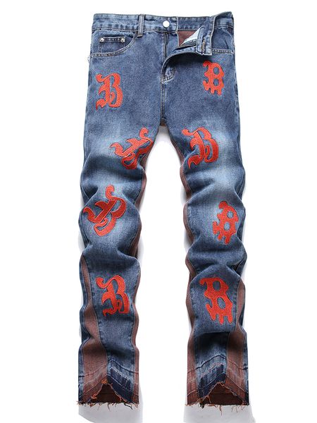 Jeans con giunture ricamate con lettera blu Pantaloni svasati dritti larghi da uomo Pantaloni in denim di cotone slim moda primavera autunno