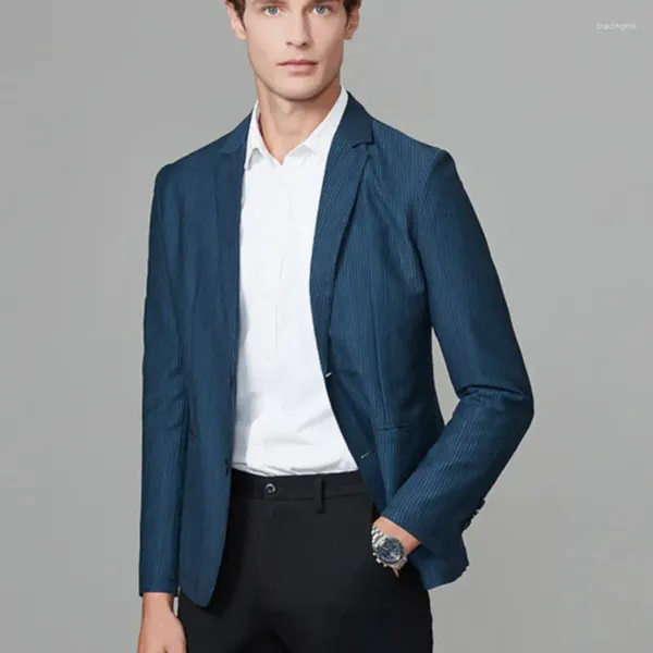 Ternos masculinos 2024 primavera outono moda fino ajuste listrado azul blazers masculino britânico inteligente casual negócios noivo terno de casamento jaquetas
