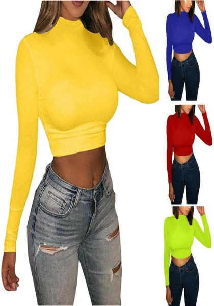 Women039s camiseta moda bodycon fino ajuste camiseta feminina sólida tartaruga pescoço manga longa colheita topo vermelho azul amarelo pulôver casual1358372