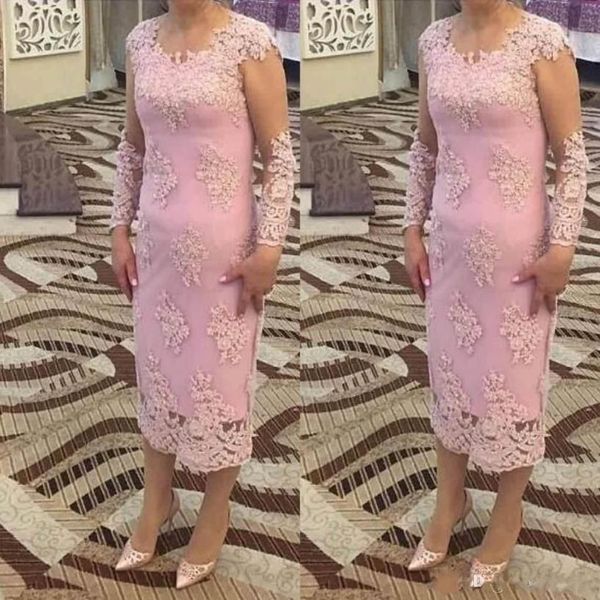 2019 Rosa Formal Mãe Da Noiva Vestidos Mangas Compridas Jewel Lace Applique Illusion Tea-Length Prom Party Evening Wedding Gowns216t