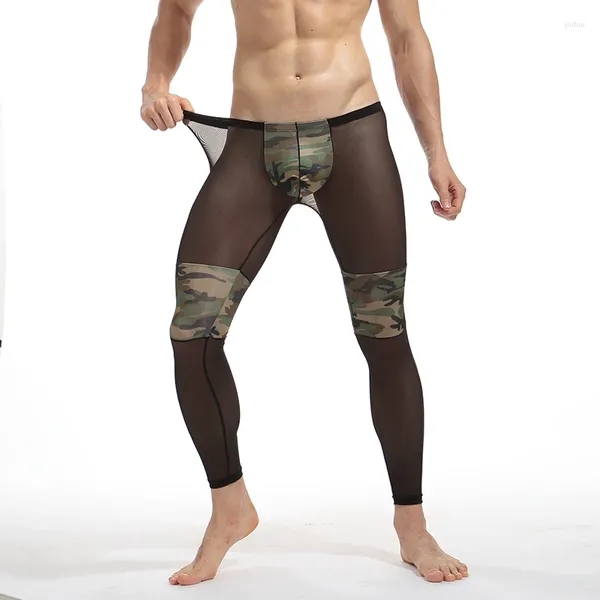 Roupa interior térmica masculina calças de malha camuflagem bolsa de fitness sexy apertado confortável ver pura transparente cintura baixa moda longo johns