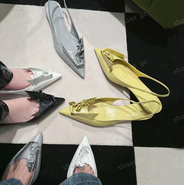 Sandálias Sapatos Origami Flor Bombas Polido Couro Baixo Salto Apontado Toe Slingbacks Ballet Flats Slip-on Mulheres Designers de Luxo