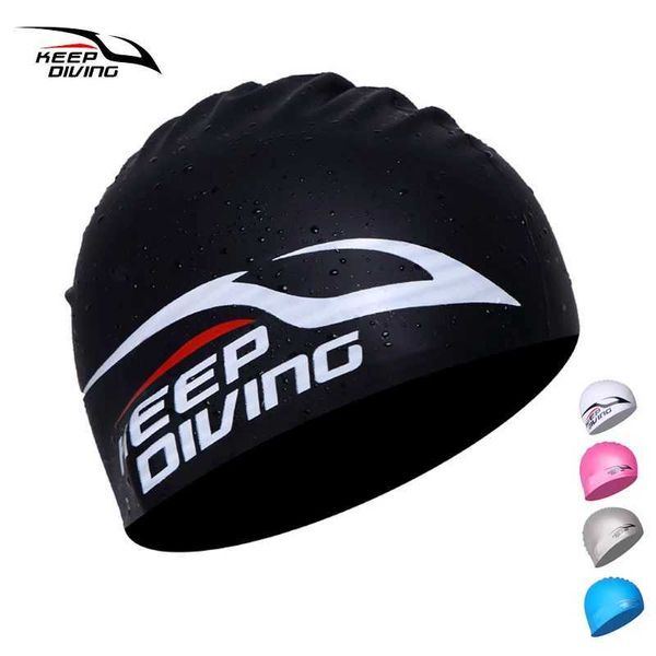 Cuffia da nuoto KEEP DIVING Cuffia da nuoto in silicone 100% Donna Uomo Bambino Bambino Unisex Capelli lunghi Cappuccio in silice Cappello ultrasottile Proteggi orecchie Impermeabile YQ240119