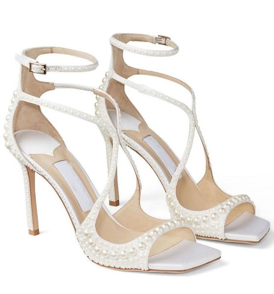 Элегантные свадебные сандалии Sacora, женские туфли-лодочки с жемчугом Sacaria, свадебные сандалии-гладиаторы с ремешком на щиколотке, женские туфли-лодочки на высоком каблуке, EU35-43, оригинальная коробка